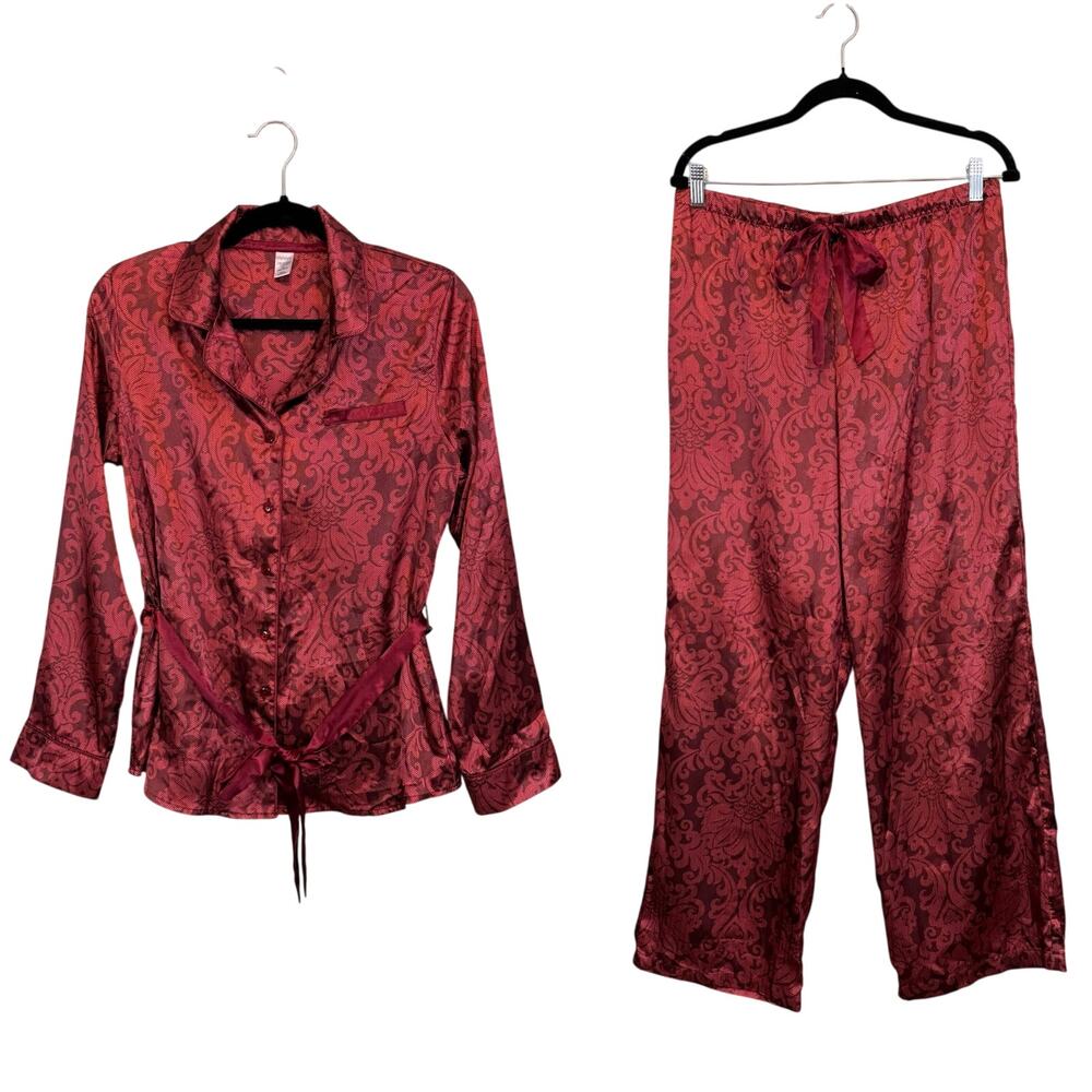 Jennifer Lopez Silky Satin Pajama Set Womens M Red Sleepwear Loungewear Damask